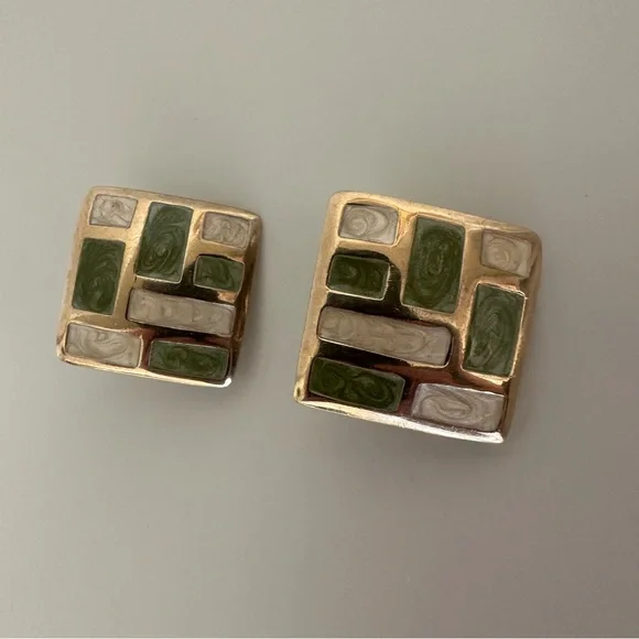 Vintage Italian Cloissoné Mosaic Square Clip-on Earrings in Gold, Green, Ivory